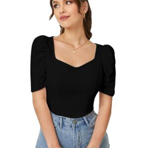Dream Beauty Fashion Women's Sweet Heart Neck Puff/Balloon Bishop Sleeve Elegant Casual Tee Top, 23" inches (Top Mentos-01)