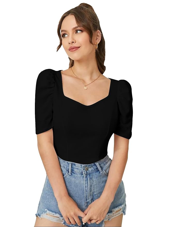 Dream Beauty Fashion Women's Sweet Heart Neck Puff/Balloon Bishop Sleeve Elegant Casual Tee Top, 23" inches (Top Mentos-01)
