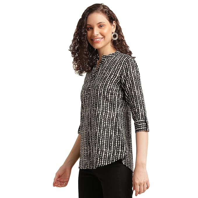 NAINVISH Tops for Women Printed Shirt Top for Women | Tops for Women Stylish Latest | Office Wear Tops for Women | Cotton Blend Tops for Women | Mandarin Collar Top - Image 2