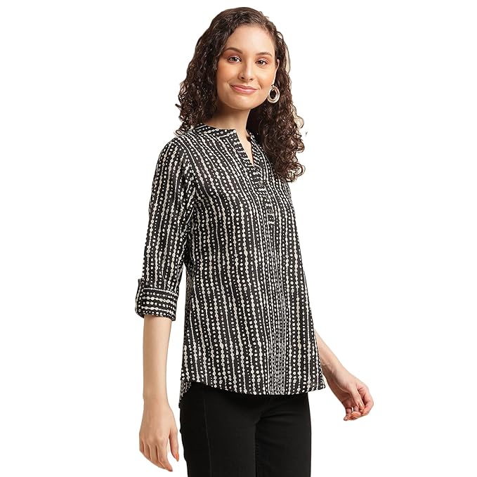 NAINVISH Tops for Women Printed Shirt Top for Women | Tops for Women Stylish Latest | Office Wear Tops for Women | Cotton Blend Tops for Women | Mandarin Collar Top - Image 3
