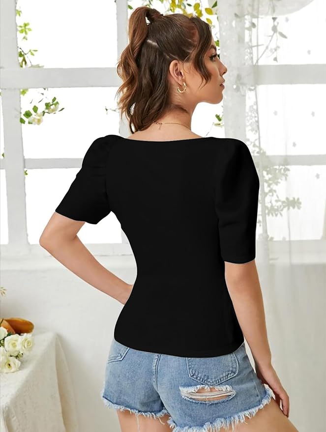 Dream Beauty Fashion Women's Sweet Heart Neck Puff/Balloon Bishop Sleeve Elegant Casual Tee Top, 23" inches (Top Mentos-01) - Image 3