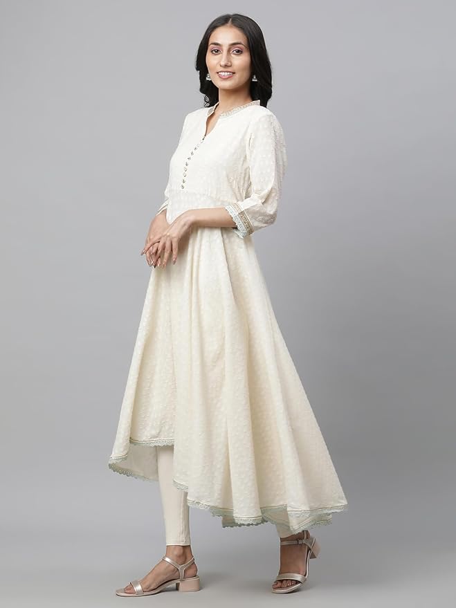 Off-White Pure Cotton Asymmetrical Kurta - Image 3