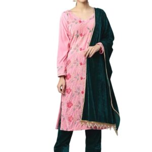 Women's Casual Baby Pink Embroidered Velvet Suit